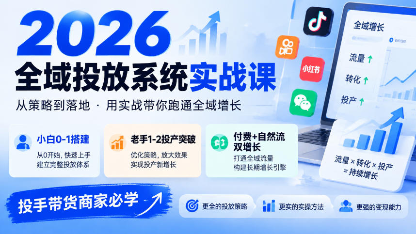 2026全域投放系统实战课，小白0-1搭建，老手1-2投产突破，付费+自然流双增长，投手带货商家必学采购|汽车产业|汽车配件|机加工企业家交流社群中心