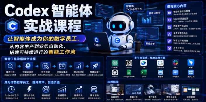 Codex智能体实战课程，让智能体成为你的数字员工，从内容生产到业务自动化，搭建可持续运行的智能工作流采购|汽车产业|汽车配件|机加工企业家交流社群中心