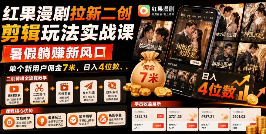 红果漫剧拉新二创剪辑玩法实战课，暑假躺賺新风口，单个新用户佣金7米，日入4位数(更新0808)采购|汽车产业|汽车配件|机加工企业家交流社群中心