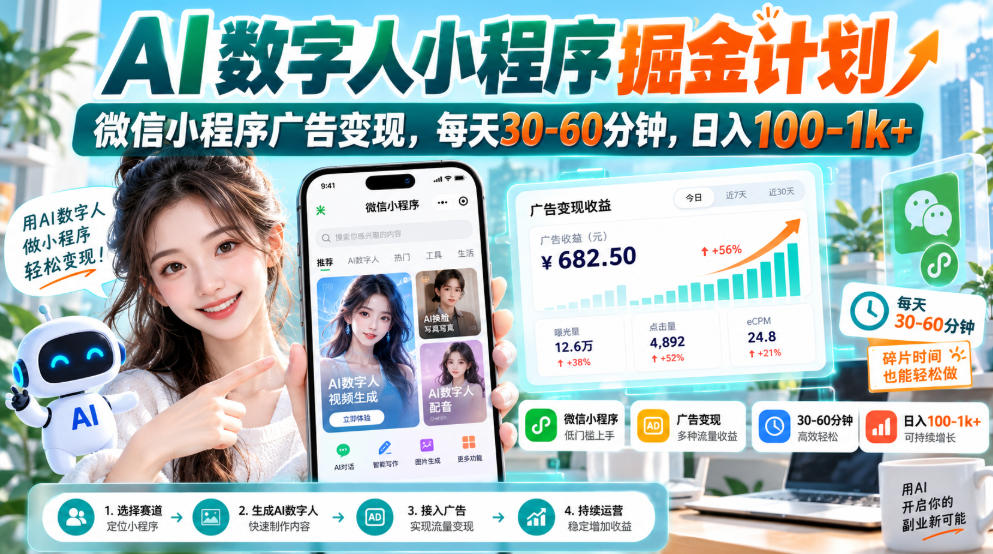 【无水印】AI数字人小程序掘金计划，微信小程序广告变现，每天30‑60分钟，日入100‑1k+采购|汽车产业|汽车配件|机加工企业家交流社群中心
