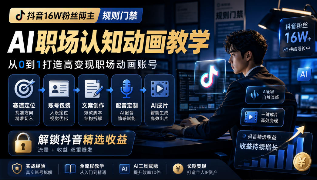 抖音16W粉丝博主规则门禁的AI职场认知动画教学,从赛道定位、账号包装,到文案创作、配音定制、AI成片,解锁抖音精选收益采购|汽车产业|汽车配件|机加工企业家交流社群中心