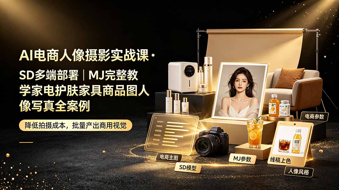 AI电商人像摄影实战课·SD多端部署|MJ完整教学|家电护肤家具商品图人像写真全案例采购|汽车产业|汽车配件|机加工企业家交流社群中心