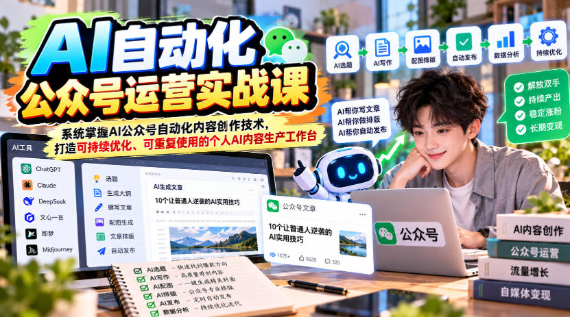 AI自动化公众号运营实战课,系统掌握AI公众号自动化内容创作技术,打造可持续优化、可重复使用的个人AI内容生产工作台采购|汽车产业|汽车配件|机加工企业家交流社群中心