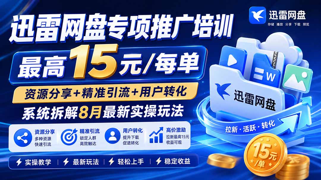 迅雷网盘专项推广培训-更新8月——最高15元/每单，资源分享+精准引流+用户转化，系统拆解最新实操玩法采购|汽车产业|汽车配件|机加工企业家交流社群中心