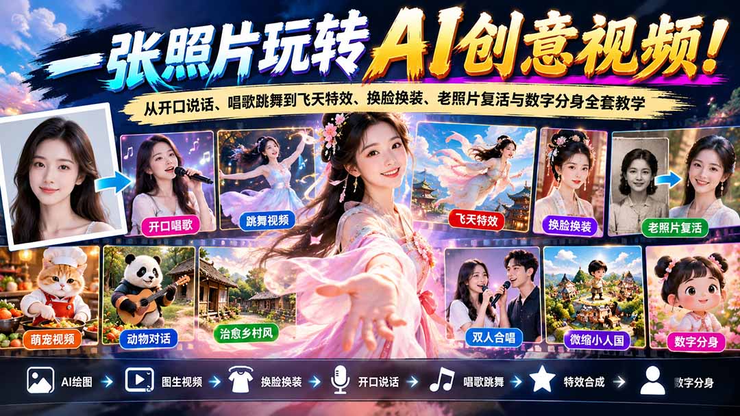 一张照片玩转AI创意视频!从开口说话、唱歌跳舞到飞天特效、换脸换装、老照片复活与数字分身全套教学采购|汽车产业|汽车配件|机加工企业家交流社群中心
