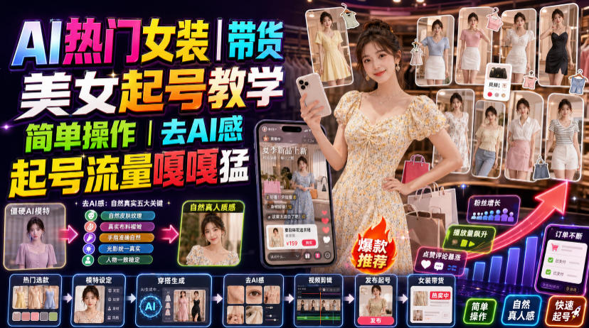 AI热门女装带货丨美女起号教学,简单操作,去AI感,起号流量嘎嘎猛采购|汽车产业|汽车配件|机加工企业家交流社群中心