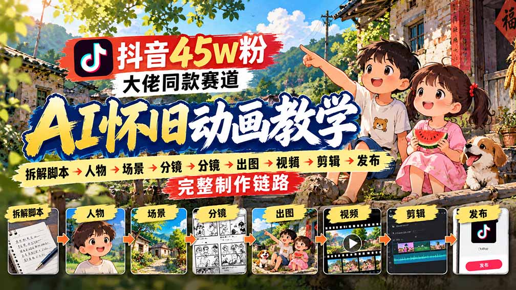 抖音45W粉大佬同款赛道AI怀旧动画教学:拆解脚本→人物→场景→分镜→出图→视频→剪辑→发布完整制作链路采购|汽车产业|汽车配件|机加工企业家交流社群中心