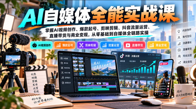【无水印】AI自媒体全能实战课，掌握AI视频创作、爆款起号、剪映剪辑、抖音流量运营、直播带货与商业变现，从零基础到自媒体全链路实操采购|汽车产业|汽车配件|机加工企业家交流社群中心
