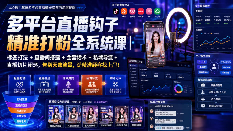多平台直播钩子精准打粉全系统课|标签打法+直播间搭建+全套话术+私域导流+直播切片闭环,告别无效流量,让精准顾客找上门!采购|汽车产业|汽车配件|机加工企业家交流社群中心