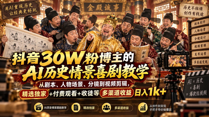抖音30W粉博主的AI历史情景喜剧教学，从剧本、人物场景、分镜到视频剪辑，精选独家+付费观看+收徒等多渠道收益日入1k+采购|汽车产业|汽车配件|机加工企业家交流社群中心