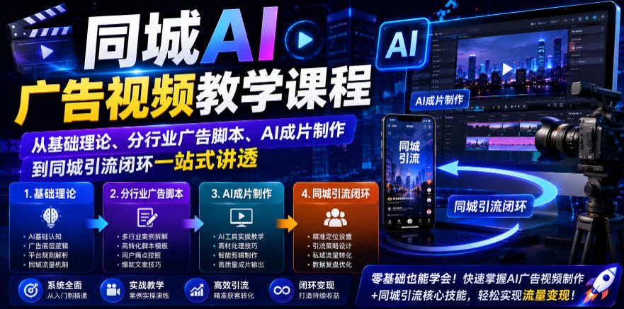同城AI广告视频教学课程,从基础理论、分行业广告脚本、AI成片制作到同城引流闭环一站式讲透采购|汽车产业|汽车配件|机加工企业家交流社群中心