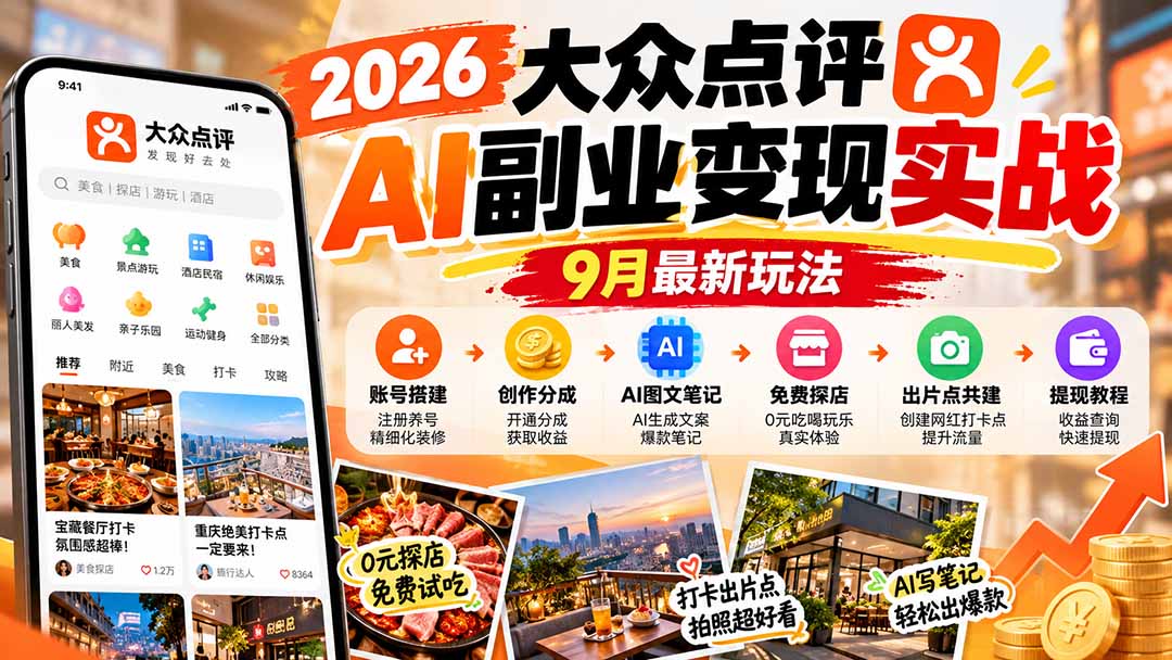2026大众点评AI副业变现实战9月最新玩法：账号搭建+创作分成+AI图文笔记+免费探店+出片点共建与提现教程采购|汽车产业|汽车配件|机加工企业家交流社群中心