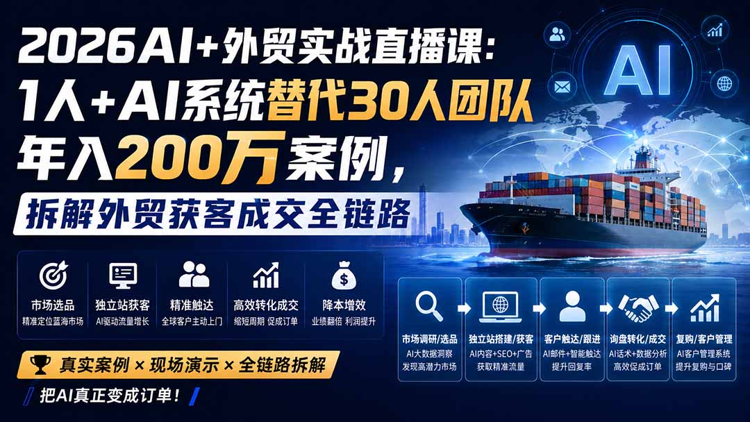 2026AI+外贸实战直播课:1人+AI系统替代30人团队年入200万案例,拆解外贸获客成交全链路采购|汽车产业|汽车配件|机加工企业家交流社群中心