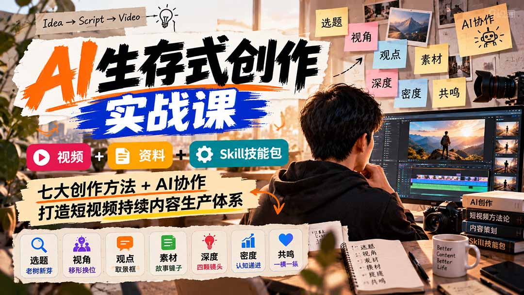 AI生存式创作实战课:视频+资料+Skill技能包,七大创作方法+AI协作,打造短视频持续内容生产体系采购|汽车产业|汽车配件|机加工企业家交流社群中心