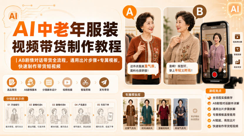 AI中老年服装视频带货制作教程｜AB剧情对话带货全流程，通用出片步骤+专属模板，快速制作带货短视频采购|汽车产业|汽车配件|机加工企业家交流社群中心