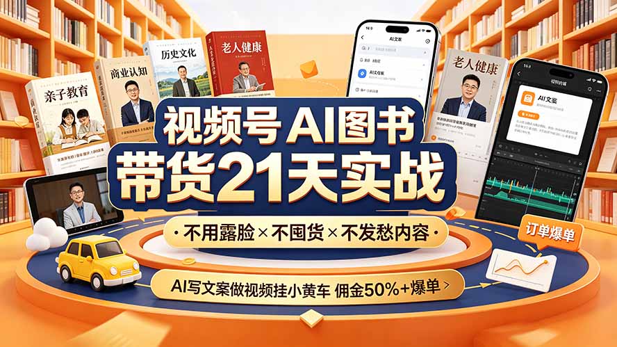 视频号AI图书带货21天实战:不用露脸×不囤货×不发愁内容,AI写文案做视频挂小黄车,佣金50%+爆单采购|汽车产业|汽车配件|机加工企业家交流社群中心