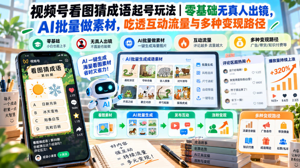 视频号看图猜成语起号玩法｜零基础无真人出镜，AI批量做素材，吃透互动流量与多种变现路径采购|汽车产业|汽车配件|机加工企业家交流社群中心