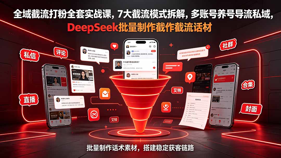 全域截流打粉全套实战课,7大截流模式拆解,多账号养号导流私域,DeepSeek批量制作截流话术素材采购|汽车产业|汽车配件|机加工企业家交流社群中心