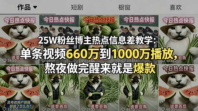 25W粉丝博主热点信息差教学:单条视频660万到1000万播放,熬夜做完醒来就是爆款采购|汽车产业|汽车配件|机加工企业家交流社群中心