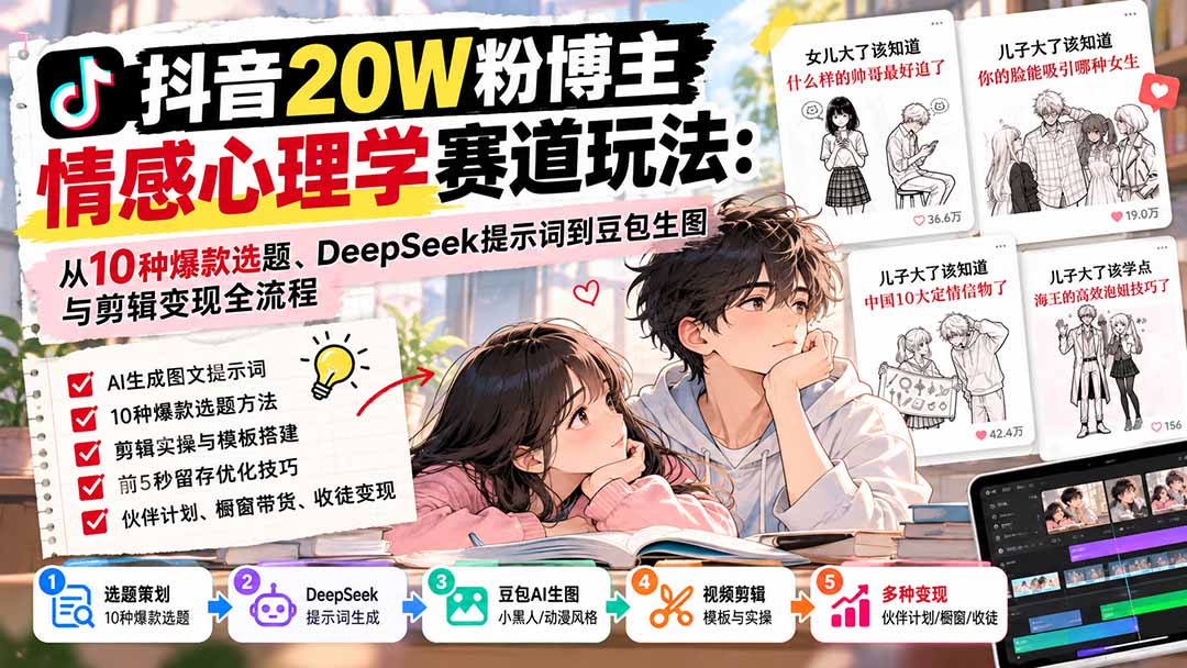 抖音20W粉博主-情感心理学赛道玩法:从10种爆款选题、DeepSeek提示词到豆包生图与剪辑变现全流程采购|汽车产业|汽车配件|机加工企业家交流社群中心