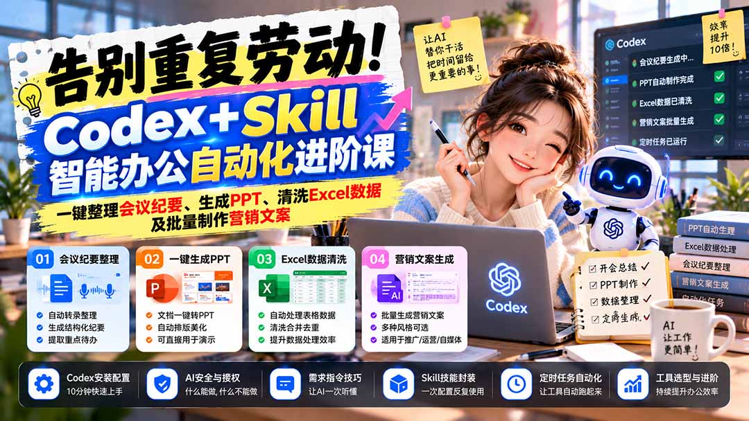 告别重复劳动!Codex+Skill智能办公自动化进阶课:一键整理会议纪要、生成PPT、清洗Excel数据及批量制作营销文案采购|汽车产业|汽车配件|机加工企业家交流社群中心