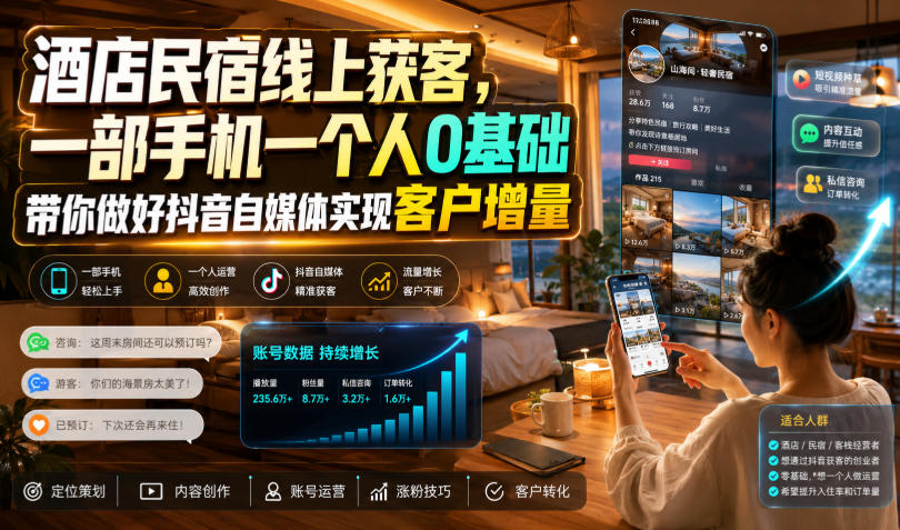 酒店民宿线上获客,一部手机一个人0基础带你做好抖音自媒体实现客户增量采购|汽车产业|汽车配件|机加工企业家交流社群中心
