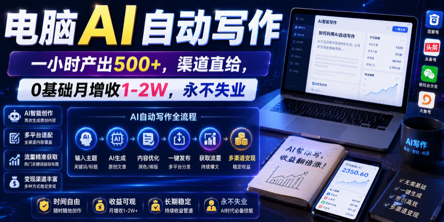电脑AI自动写作，一小时产出500+，渠道直给，0基础月增收1-2W，永不失业【揭秘】采购|汽车产业|汽车配件|机加工企业家交流社群中心
