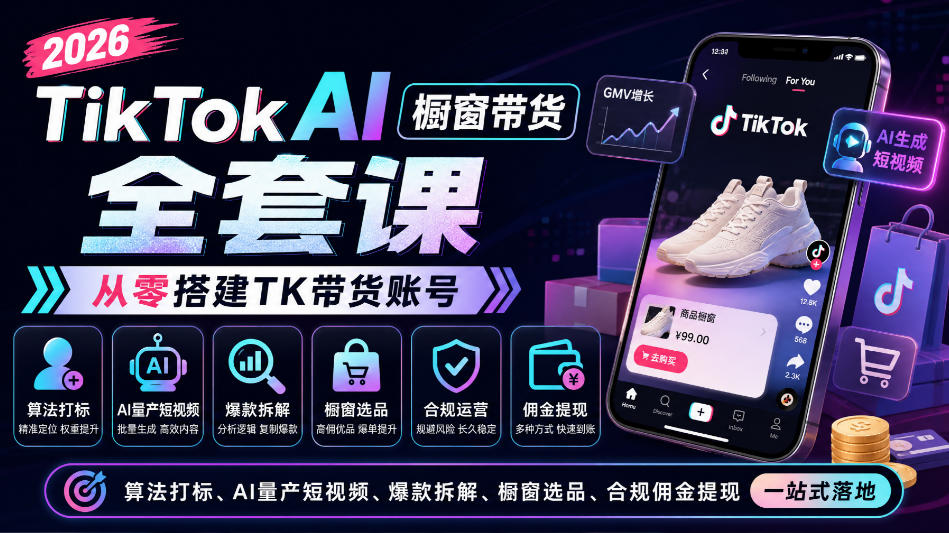 2026TikTok AI橱窗带货全套课，从零搭建TK带货账号，算法打标、AI量产短视频、爆款拆解、橱窗选品、合规佣金提现一站式落地采购|汽车产业|汽车配件|机加工企业家交流社群中心