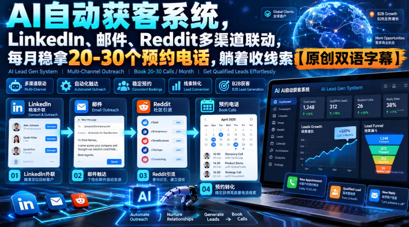 【无水印】AI自动获客系统，LinkedIn、邮件、Reddit多渠道联动，每月稳拿20-30个预约电话，躺着收线索【原创双语字幕】采购|汽车产业|汽车配件|机加工企业家交流社群中心