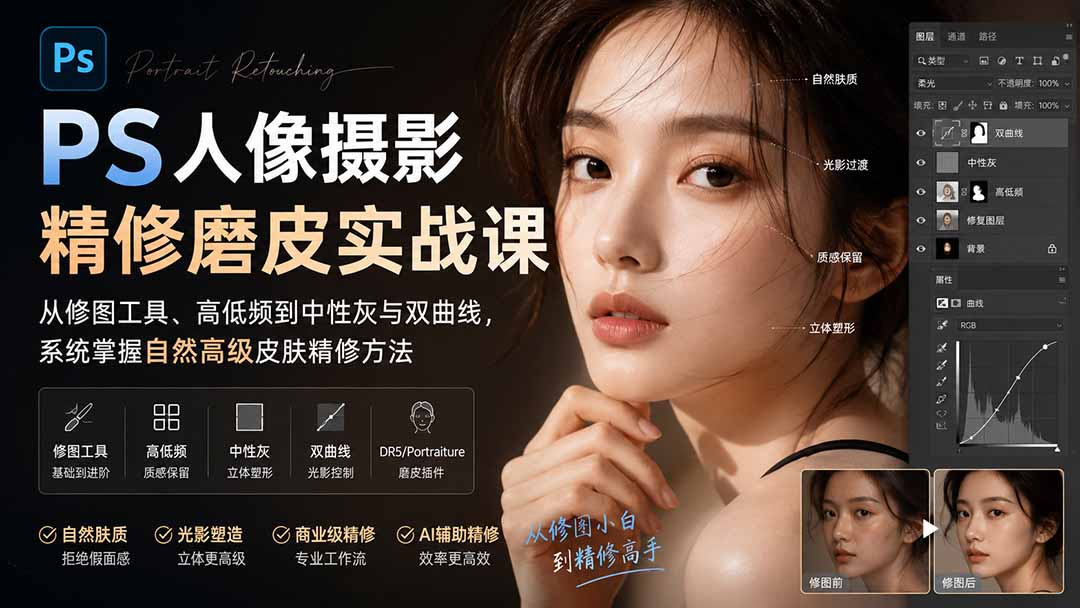 PS人像摄影精修磨皮实战课：从修图工具、高低频到中性灰与双曲线，系统掌握自然高级皮肤精修方法采购|汽车产业|汽车配件|机加工企业家交流社群中心