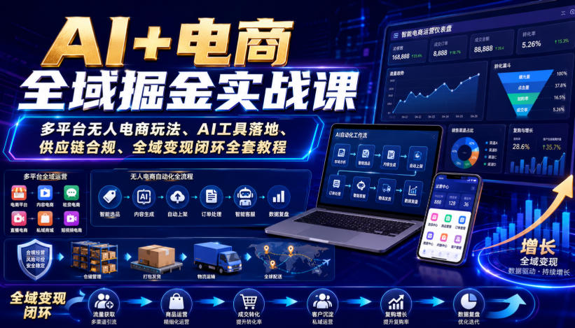 AI+电商全域掘金实战课|多平台无人电商玩法、AI工具落地、供应链合规、全域变现闭环全套教程采购|汽车产业|汽车配件|机加工企业家交流社群中心