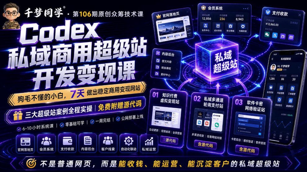 Codex私域商用超级站Ai开发变现课，7天带你从零基础到能自己动手做出能收钱、能运营、能沉淀客户的私域超级站采购|汽车产业|汽车配件|机加工企业家交流社群中心