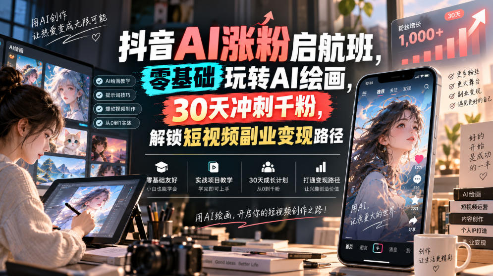 抖音AI涨粉启航班，零基础玩转AI绘画，30天冲刺千粉，解锁短视频副业变现路径采购|汽车产业|汽车配件|机加工企业家交流社群中心