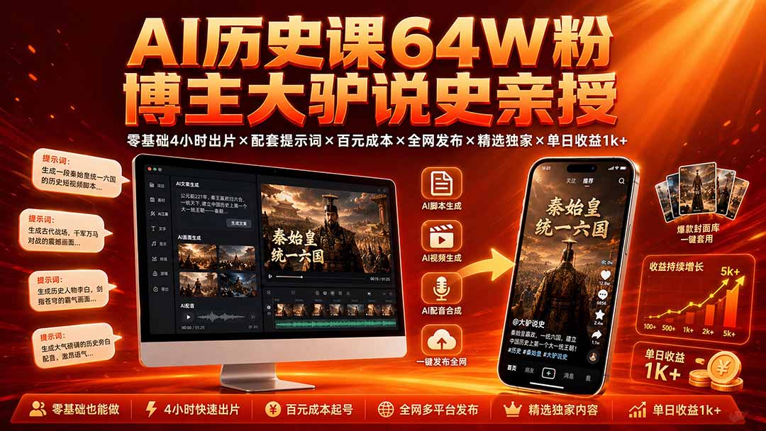 AI历史课64W粉博主大驴说史亲授：零基础4小时出片×配套提示词×百元成本×全网发布×精选独家×单日收益1k+采购|汽车产业|汽车配件|机加工企业家交流社群中心