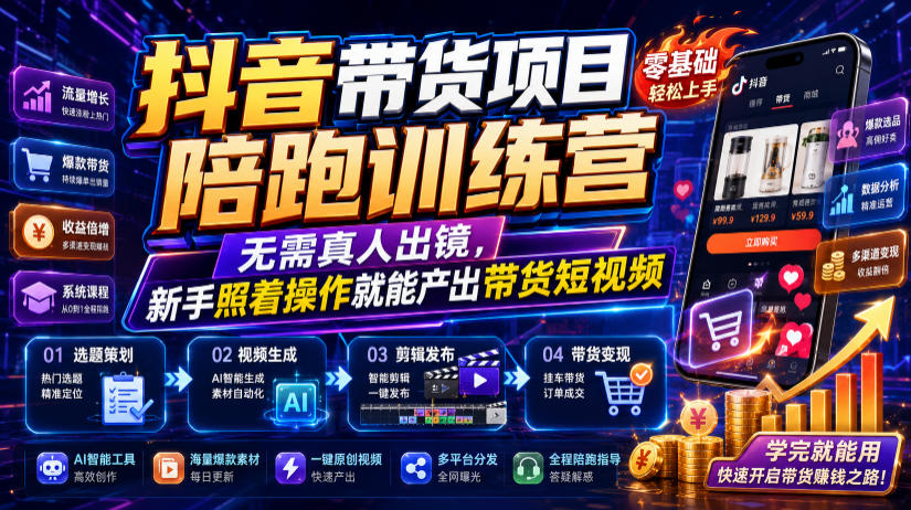 抖音带货项目陪跑训练营,无需真人出镜,新手照着操作就能产出带货短视频采购|汽车产业|汽车配件|机加工企业家交流社群中心