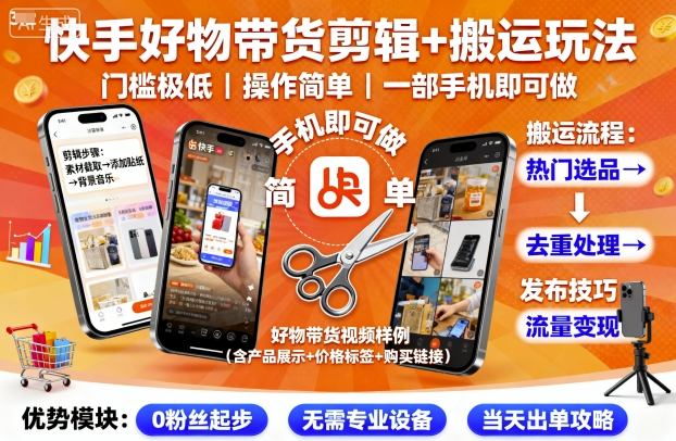 快手好物带货剪辑+搬运玩法,门槛极低,操作简单,一部手机即可玩做采购|汽车产业|汽车配件|机加工蚂蚁智酷企业交流社群中心