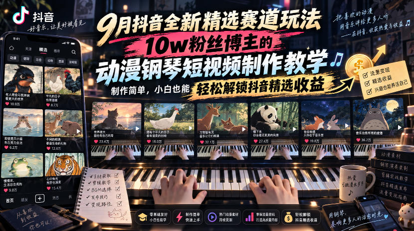 9月抖音全新精选赛道玩法,10w粉丝博主的动漫钢琴短视频制作教学,制作简单,小白也能轻松解锁抖音精选收益采购|汽车产业|汽车配件|机加工企业家交流社群中心