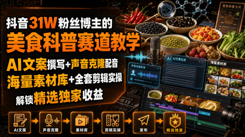 抖音31W粉丝博主的美食科普赛道教学，AI文案撰写+声音克隆配音+剪辑实操，解锁精选独家收益采购|汽车产业|汽车配件|机加工企业家交流社群中心