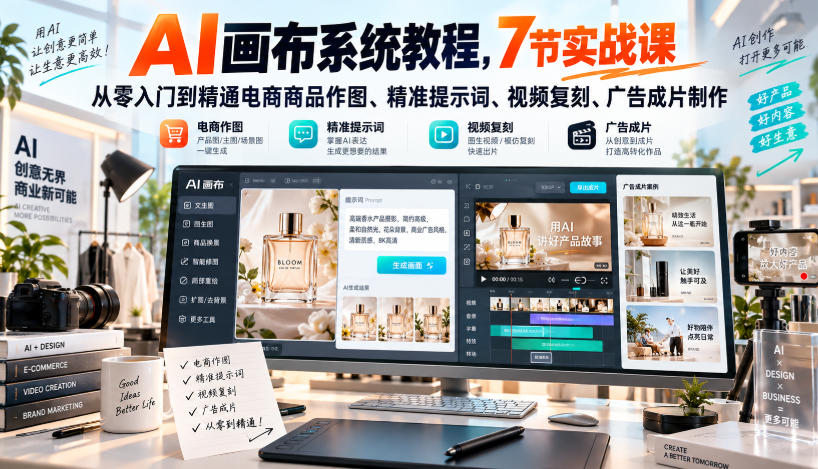 AI画布系统教程,7节实战课从零入门到精通电商商品作图、精准提示词、视频复刻、广告成片制作采购|汽车产业|汽车配件|机加工企业家交流社群中心