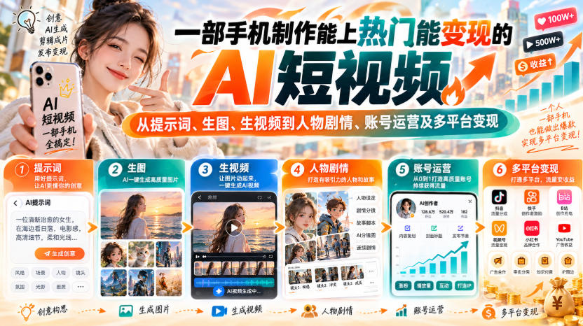 【无水印】一部手机制作能上热门能变现的AI短视频,从提示词、生图、生视频到人物剧情、账号运营及多平台变现(更新)采购|汽车产业|汽车配件|机加工企业家交流社群中心