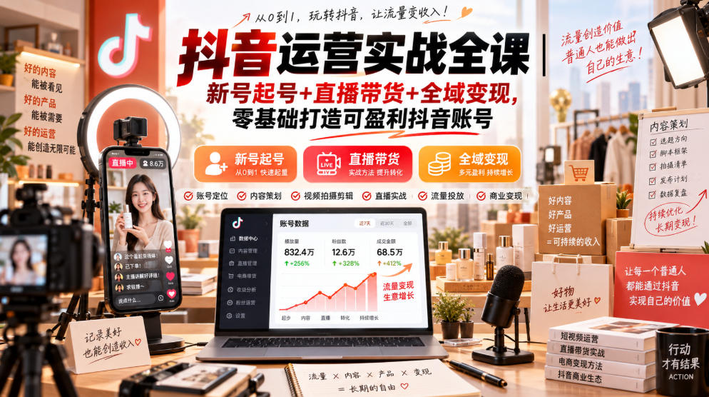 抖音运营实战全课｜新号起号+直播带货+全域变现，零基础打造可盈利抖音账号采购|汽车产业|汽车配件|机加工企业家交流社群中心