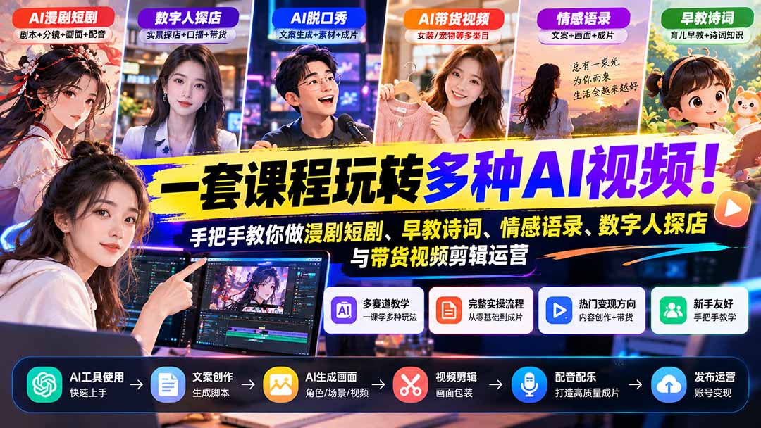 【无水印】一套课程玩转多种AI视频！手把手教你做漫剧短剧、早教诗词、情感语录、数字人探店与带货视频剪辑运营采购|汽车产业|汽车配件|机加工企业家交流社群中心