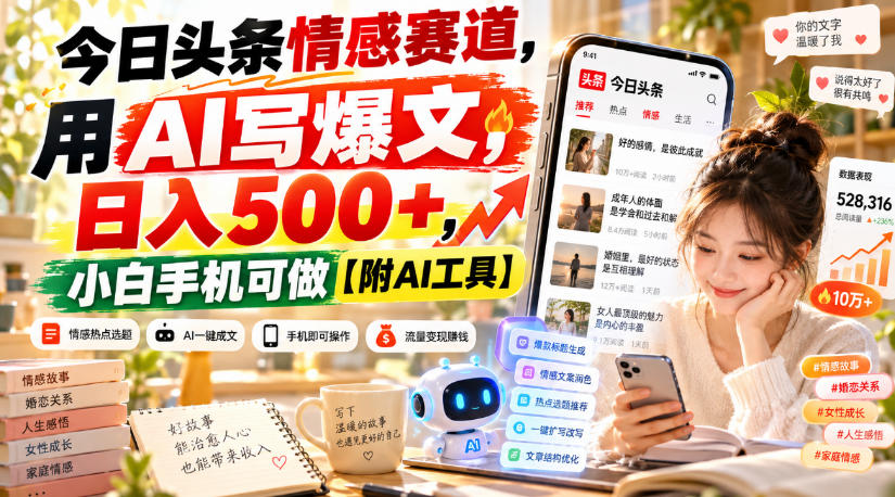 今日头条情感赛道，用AI写爆文，日入500+，小白手机可做【附AI工具】采购|汽车产业|汽车配件|机加工企业家交流社群中心