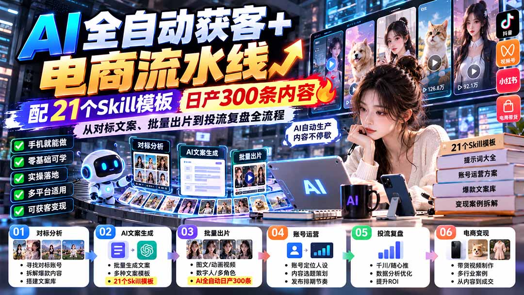 【无水印】AI全自动获客+电商流水线：配21个Skill模板，日产300条内容，从对标文案、批量出片到投流复盘全流程采购|汽车产业|汽车配件|机加工企业家交流社群中心