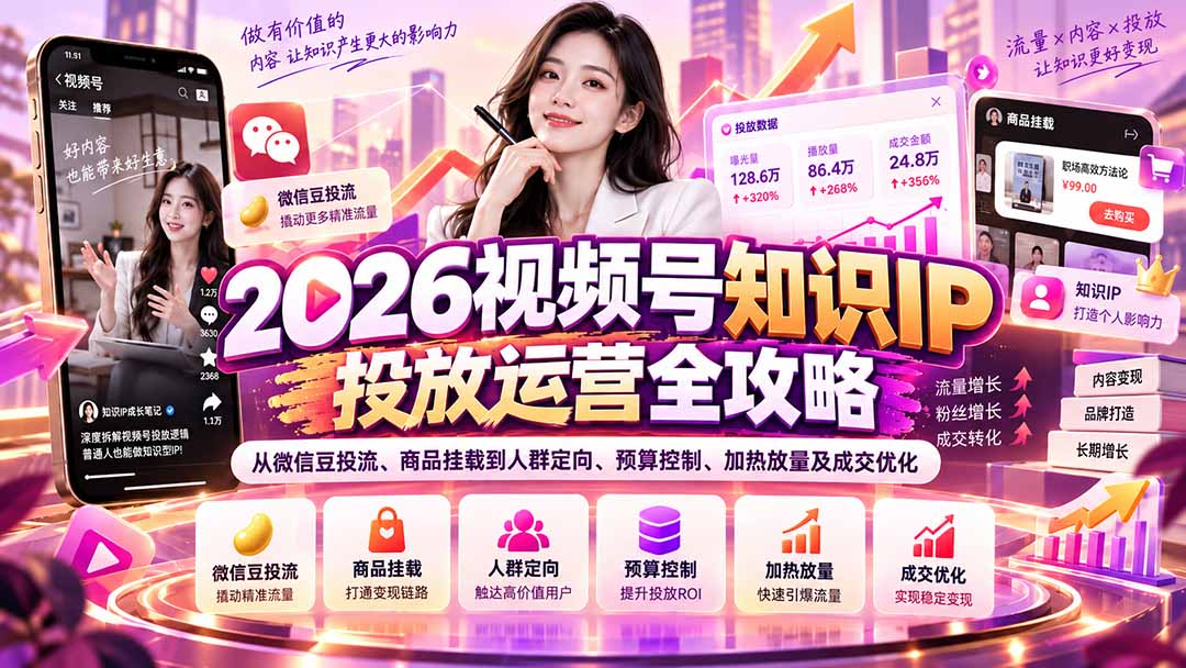 2026视频号知识IP投放运营全攻略:从微信豆投流、商品挂载到人群定向、预算控制、加热放量及成交优化采购|汽车产业|汽车配件|机加工企业家交流社群中心