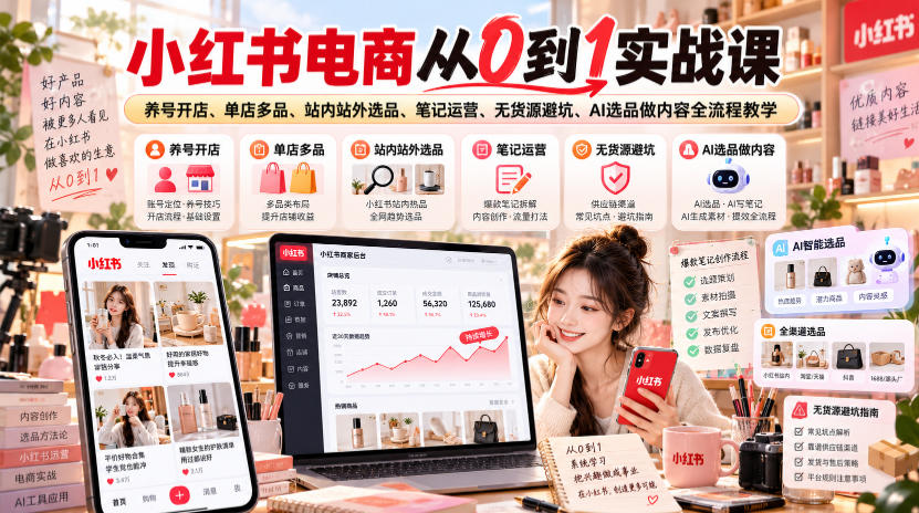 小红书电商从0到1实战课｜养号开店、单店多品、站内站外选品、笔记运营、无货源避坑、AI选品做内容全流程教学采购|汽车产业|汽车配件|机加工企业家交流社群中心