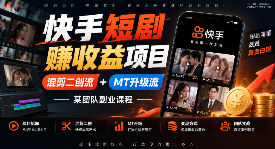 快手短剧賺收益项目，混剪二创流+MT升级流，某团队副业课程采购|汽车产业|汽车配件|机加工企业家交流社群中心