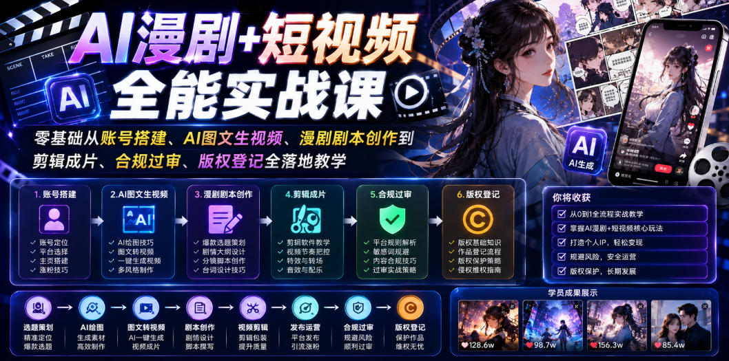 AI漫剧+短视频全能实战课｜零基础从账号搭建、AI图文生视频、漫剧剧本创作到剪辑成片、合规过审、版权登记全落地教学采购|汽车产业|汽车配件|机加工企业家交流社群中心