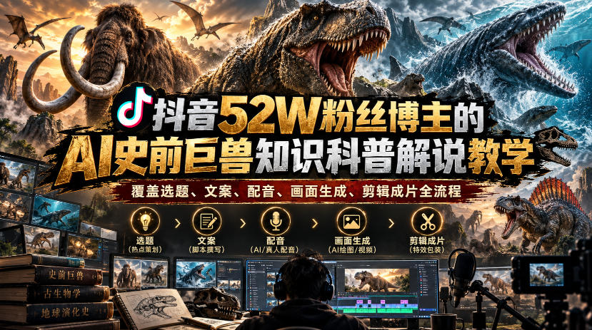 抖音52W粉丝博主的AI史前巨兽知识科普解说教学,覆盖选题、文案、配音、画面生成、剪辑成片全流程采购|汽车产业|汽车配件|机加工企业家交流社群中心