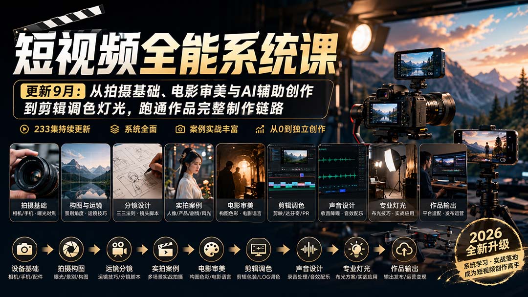短视频全能系统课-更新8月233集:从拍摄基础、电影审美与AI辅助创作到剪辑调色灯光,跑通作品完整制作链路采购|汽车产业|汽车配件|机加工企业家交流社群中心